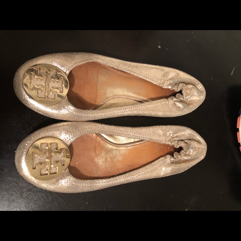 Gold Tory Burch Minnie Travel Ballet w/ Metal Logo